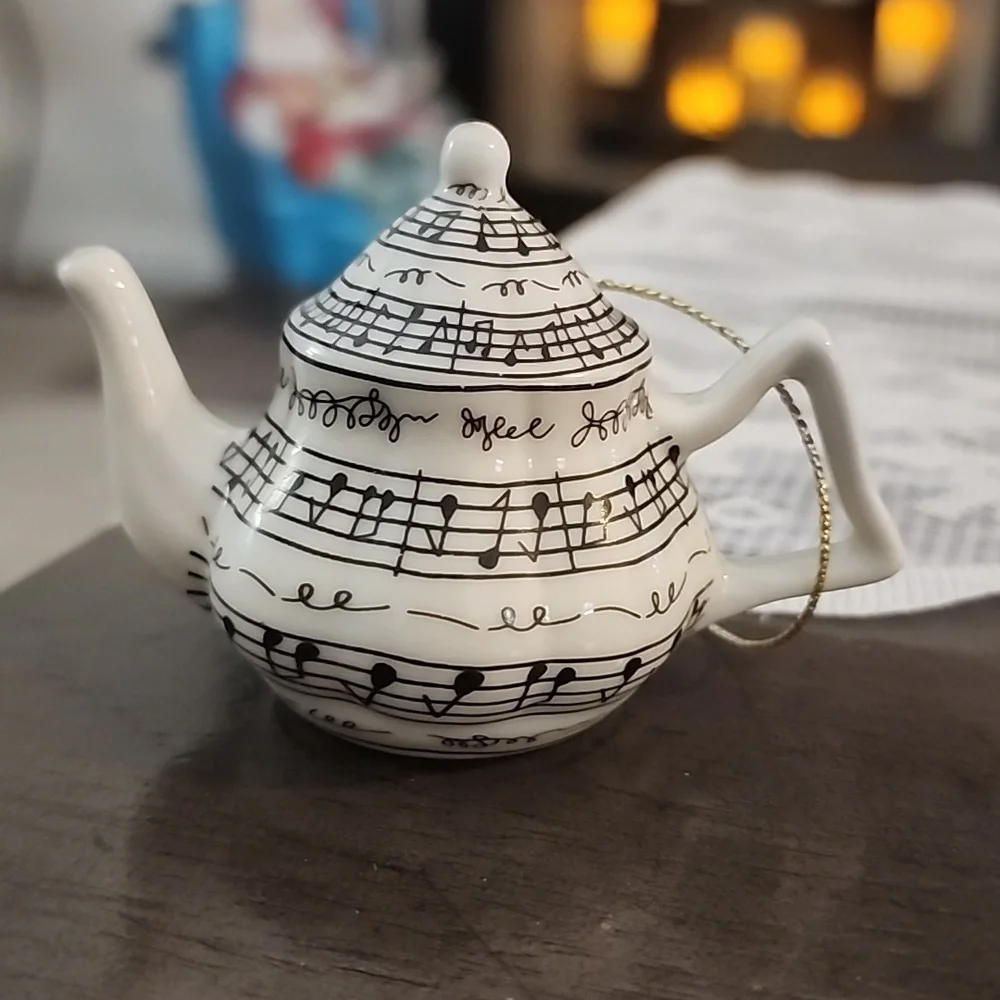 Christmas ornaments, miniature tea cups and tea pots